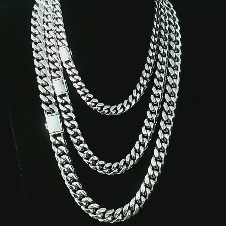 8/10/12/14MM White Gold Plated Flip Button Miami Cuban Link Chain