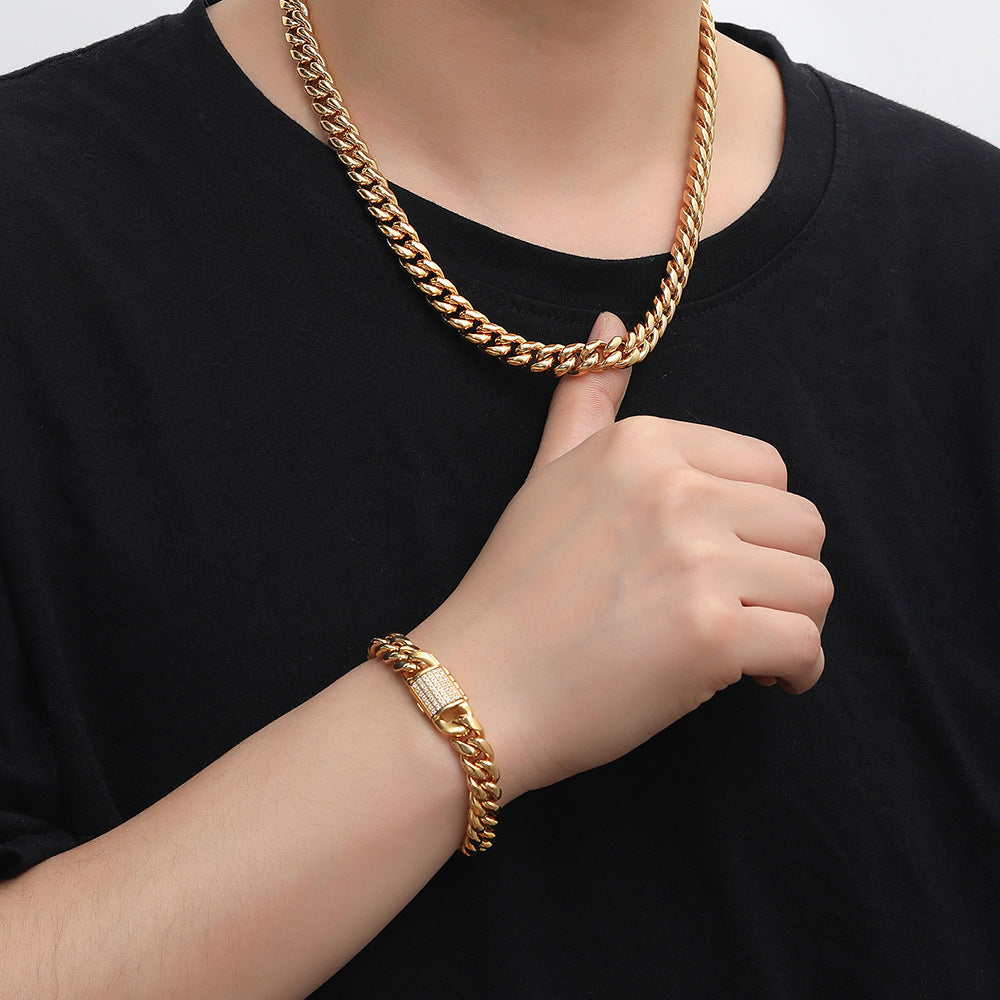 8/10MM 18K Gold Plated Zircon Flip Button Miami Cuban Link Chain