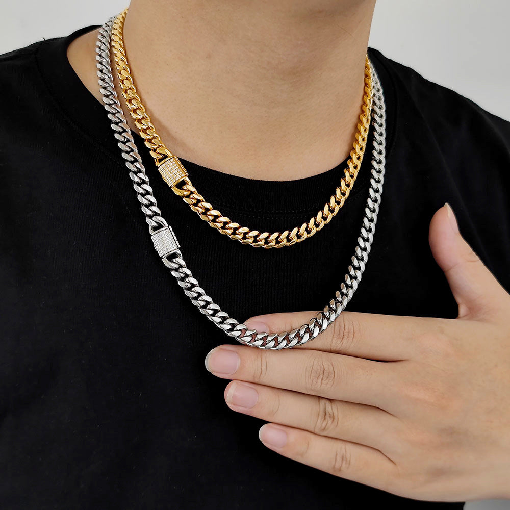 8/10MM White Gold Plated Zircon Flip Button Miami Cuban Link Chain