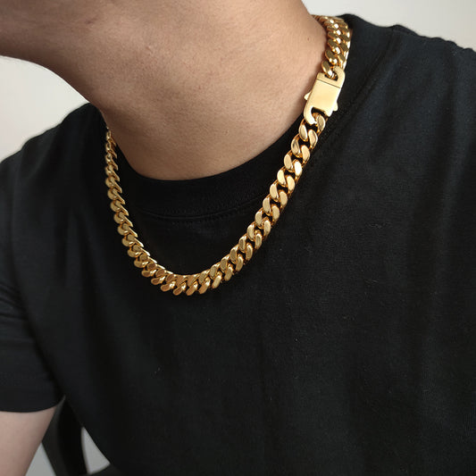 5/7/9/11/13/15MM 18K Gold Plated Glossy Button Miami Cuban Link Chain