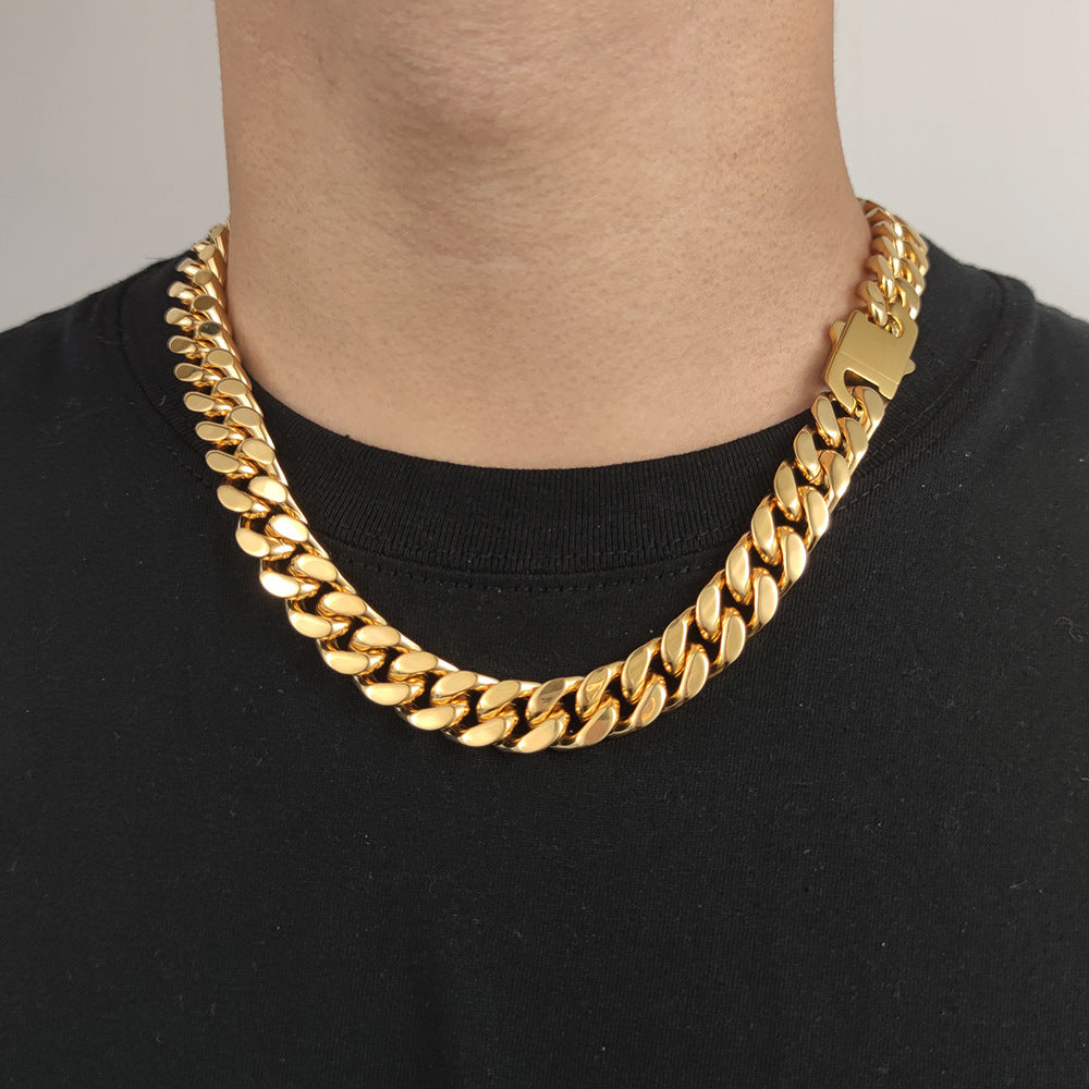 5/7/9/11/13/15MM 18K Gold Plated Glossy Button Miami Cuban Link Chain