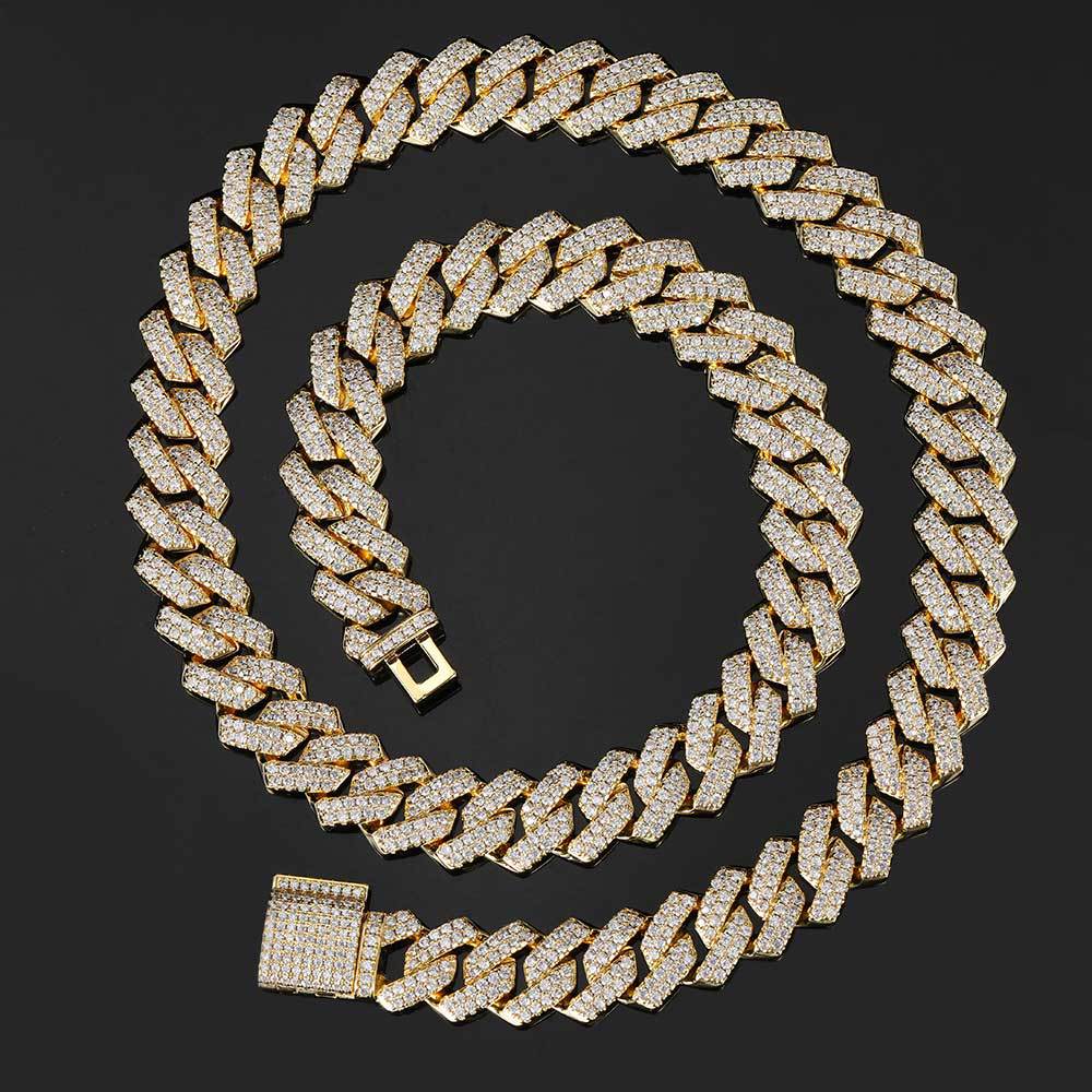 15MM 18K Gold Plated Iced Out Diamond Shaped  Cuban Link Chain