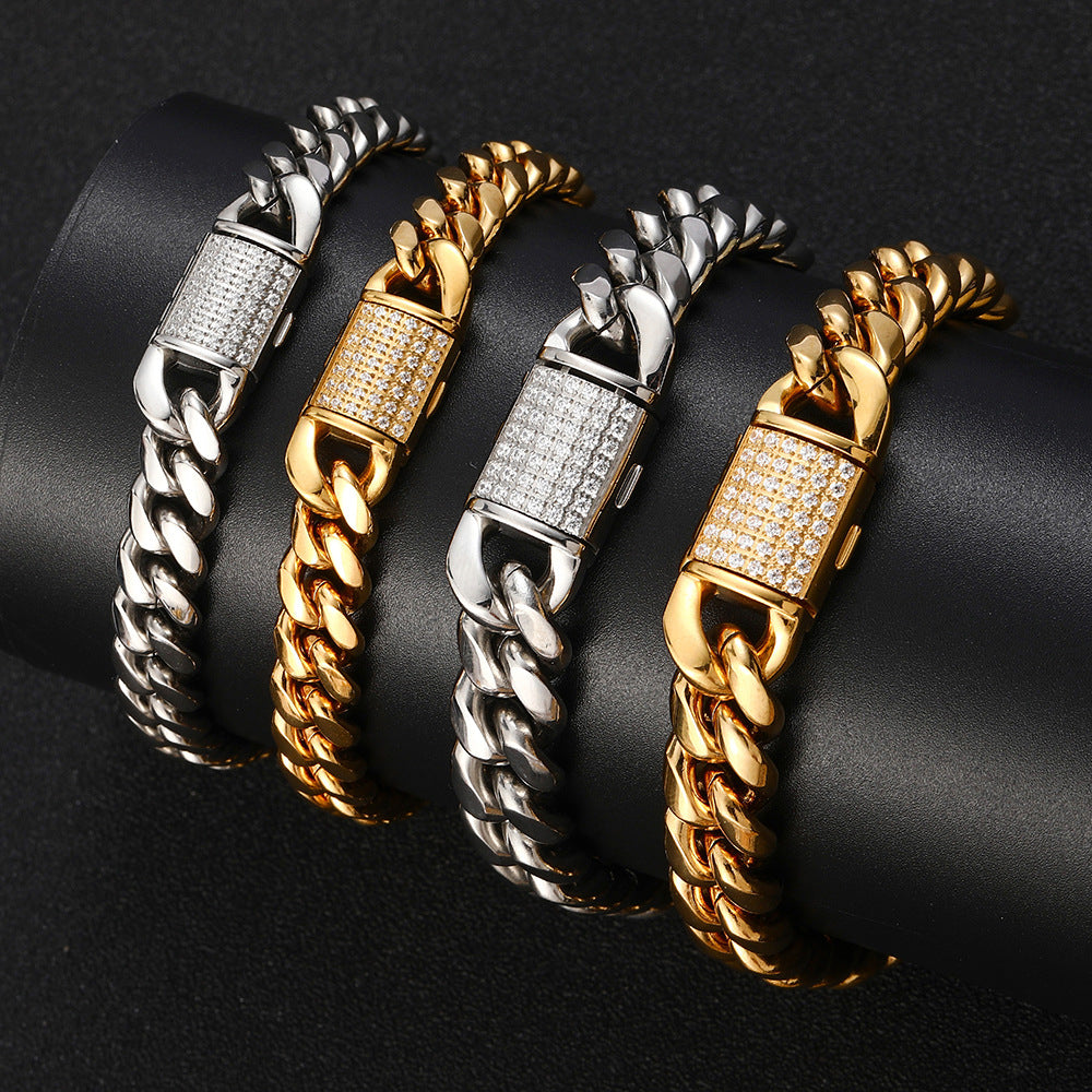 8/10MM White Gold Plated Zircon Flip Button Miami Cuban Link Chain Thegoldlinks
