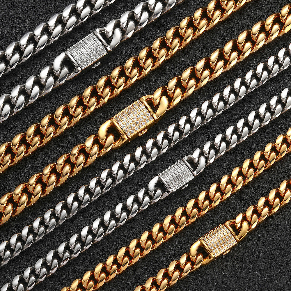 8/10MM 18K Gold Plated Zircon Flip Button Miami Cuban Link Chain