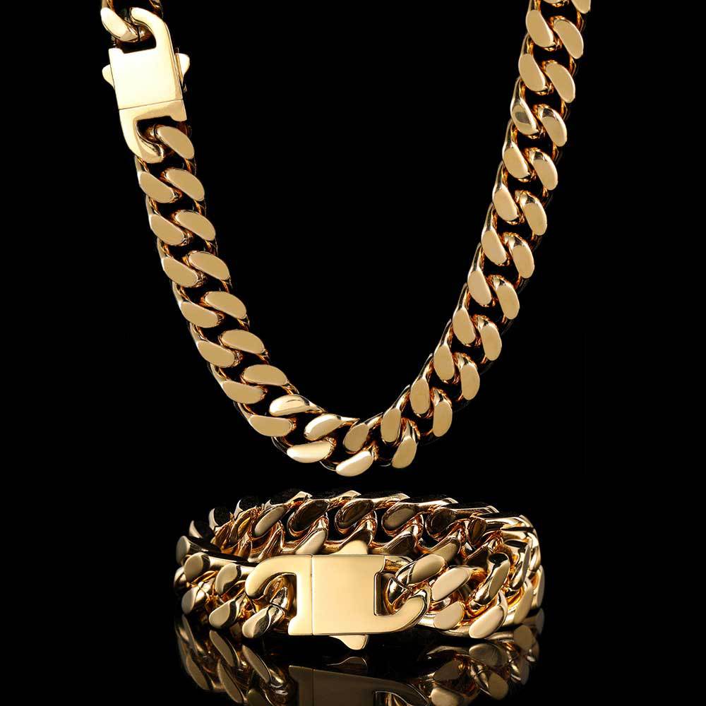 5/7/9/11/13/15MM 18K Gold Plated Glossy Button Miami Cuban Link Chain