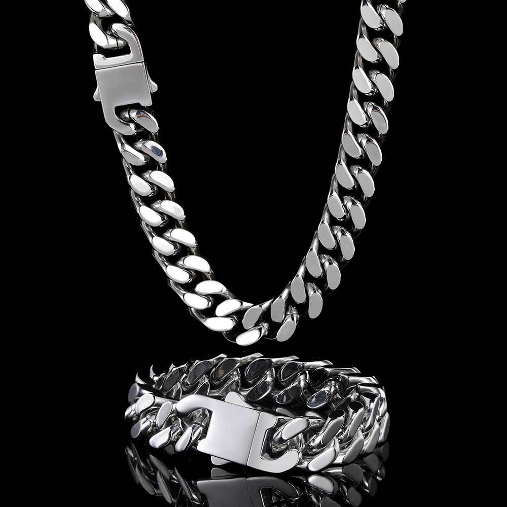 5/7/9/11/13/15MM White Gold Plated Glossy Button Miami Cuban Link Chain