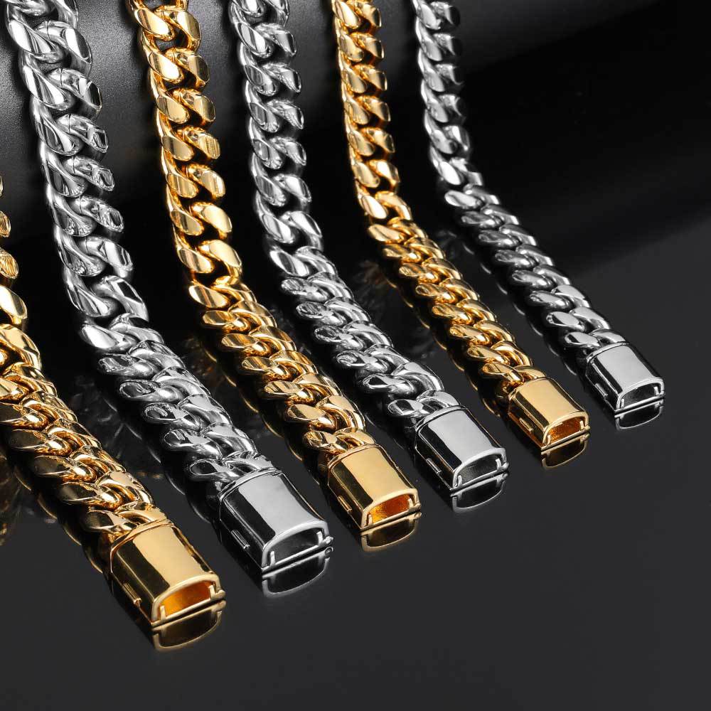 8/10/12/14MM White Gold Plated Flip Button Miami Cuban Link Chain