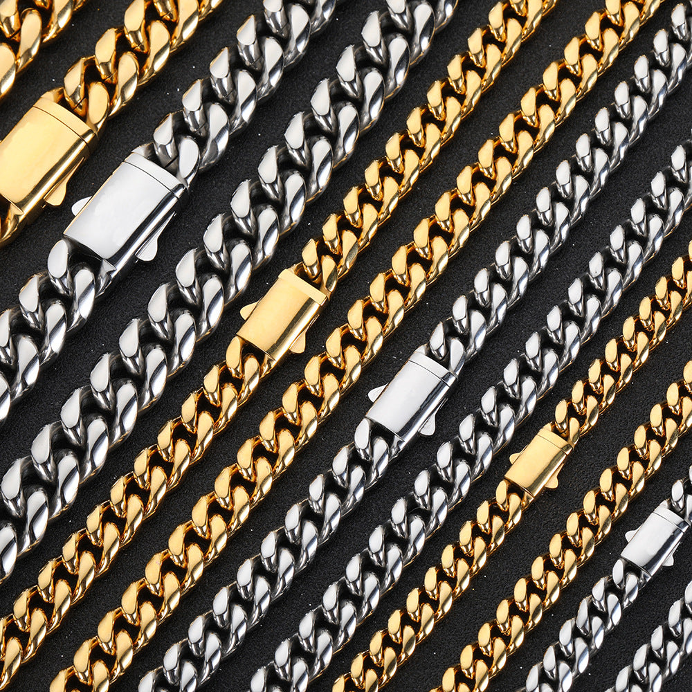 8/10/12/14MM 18K Gold Plated Spring Buckle Miami Cuban Link Chain