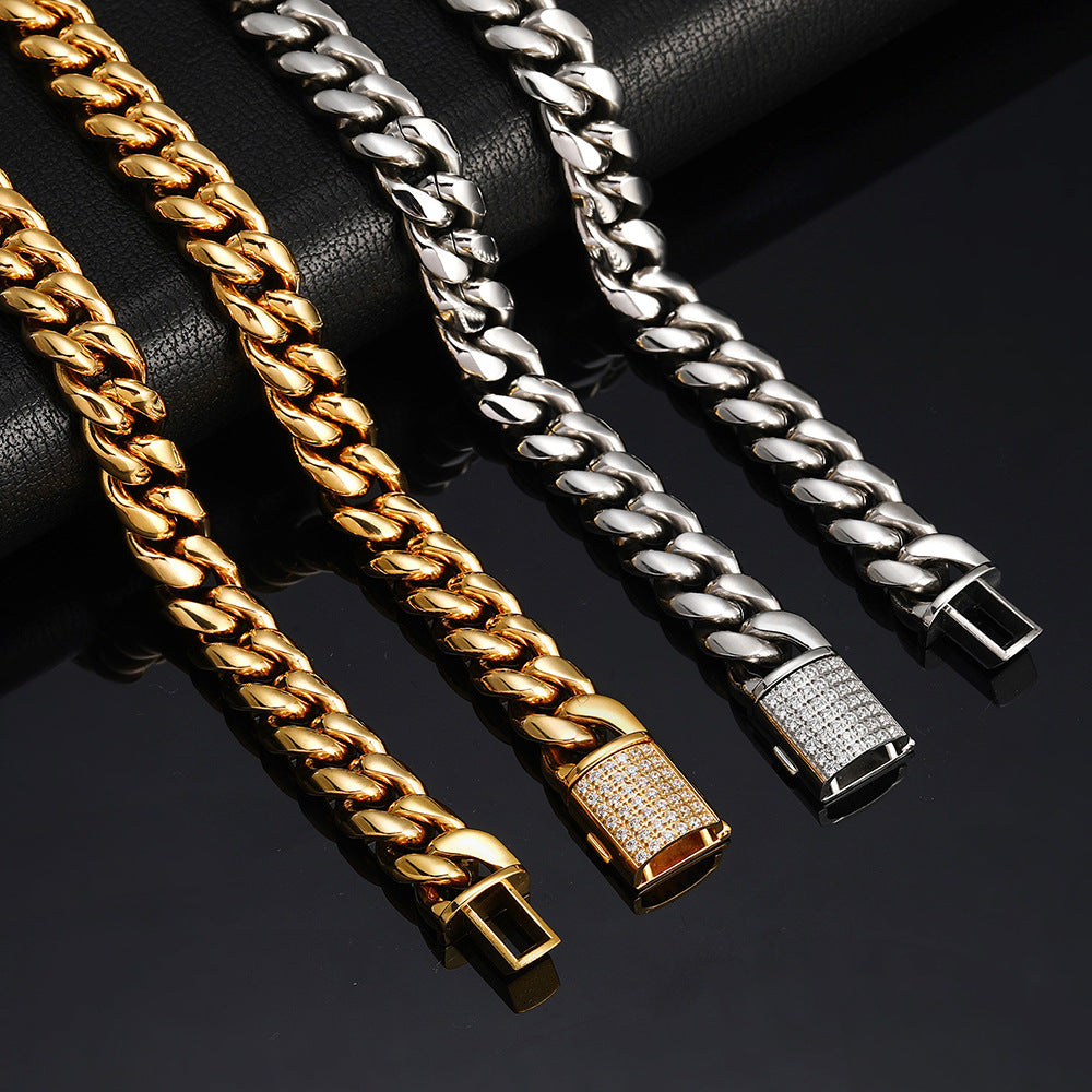 8/10MM White Gold Plated Zircon Flip Button Miami Cuban Link Chain