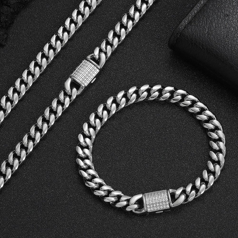 8/10MM White Gold Plated Zircon Flip Button Miami Cuban Link Chain