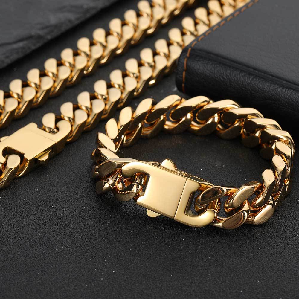 5/7/9/11/13/15MM 18K Gold Plated Glossy Button Miami Cuban Link Chain