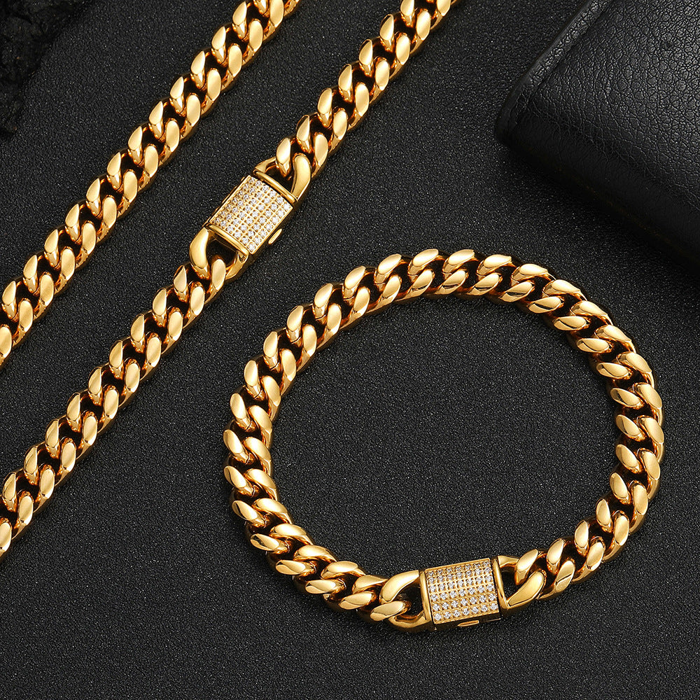 8/10MM 18K Gold Plated Zircon Flip Button Miami Cuban Link Chain