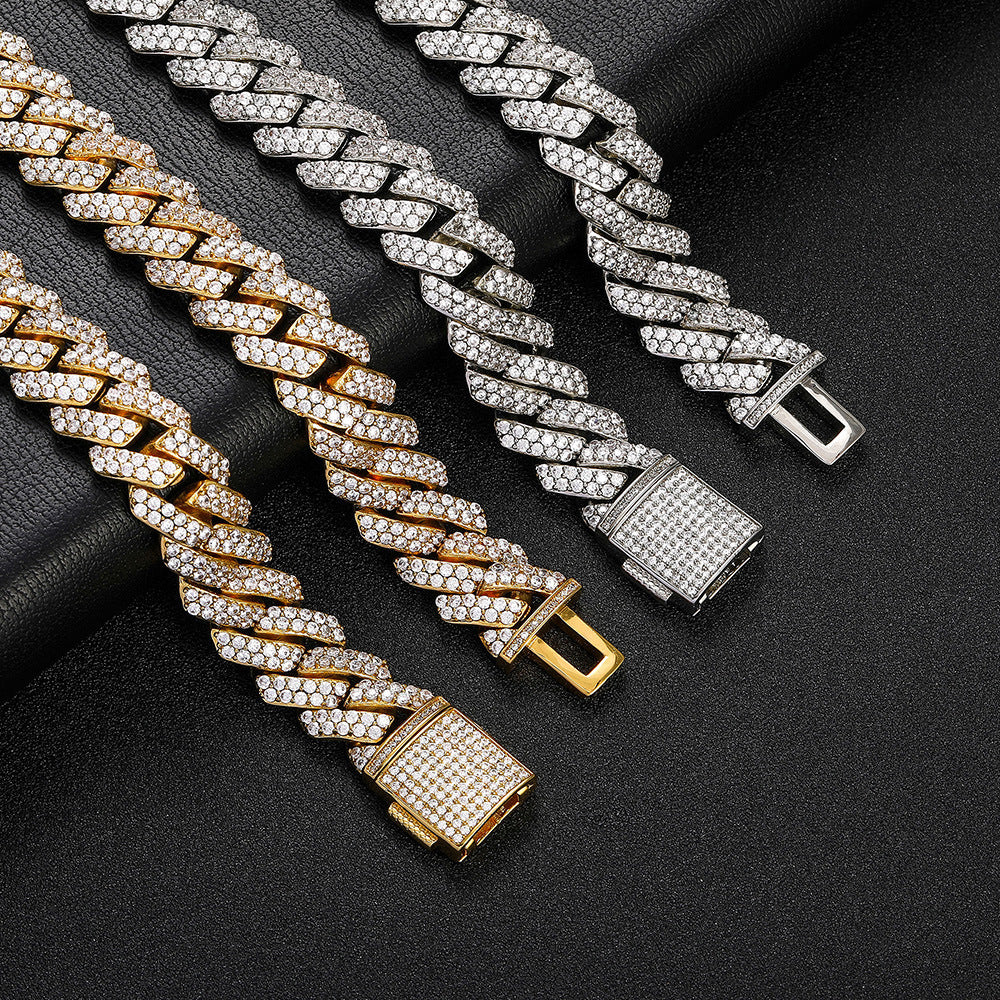 15MM 18K Gold Plated Iced Out Prong  Cuban Link Chain