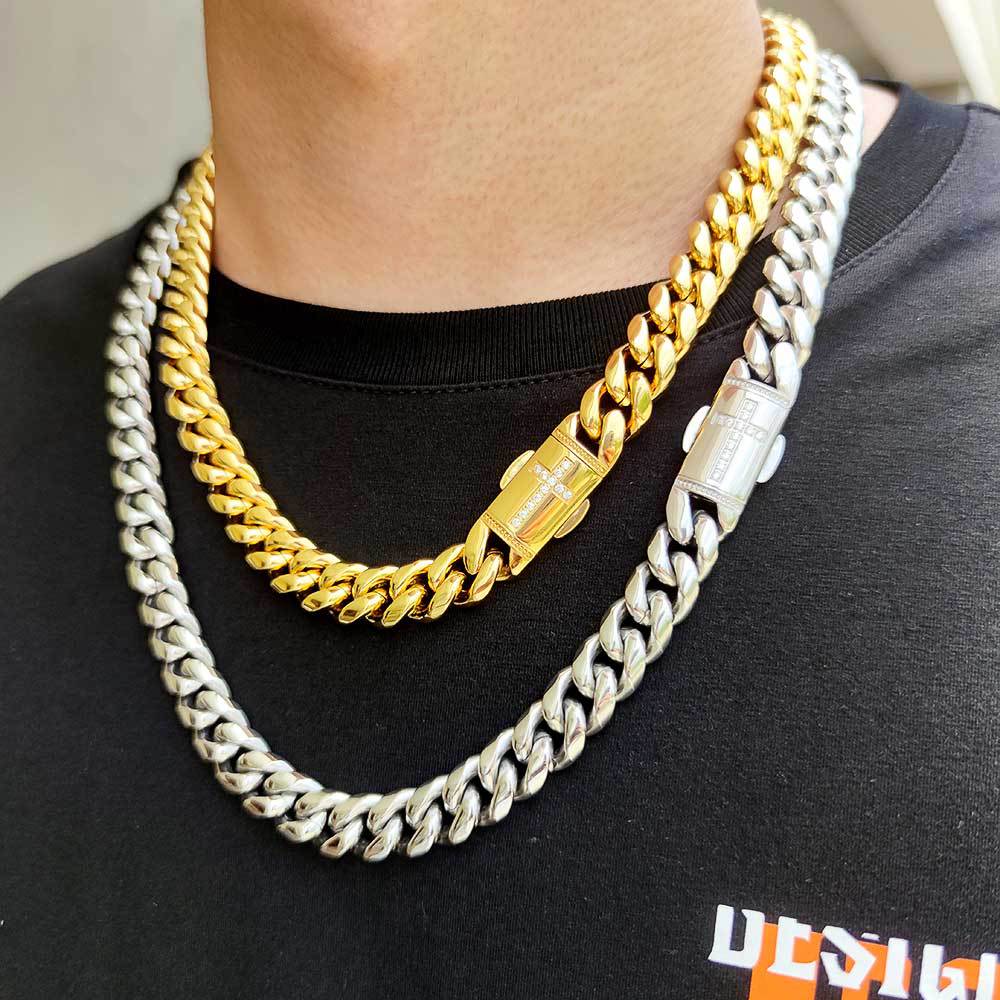 12MM 18K/White Gold Plated Cross Buckle Miami Cuban Link Chain