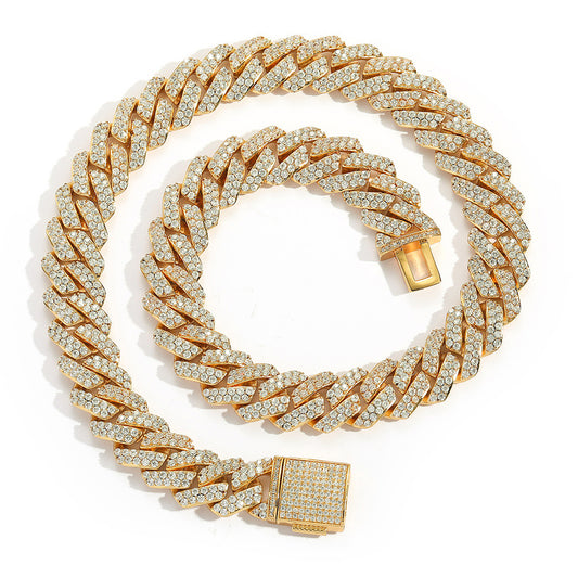 15MM 18K Gold Plated Iced Out Prong  Cuban Link Chain