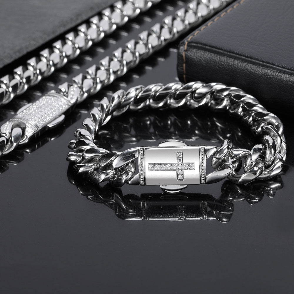 12MM 18K/White Gold Plated Cross Buckle Miami Cuban Link Chain