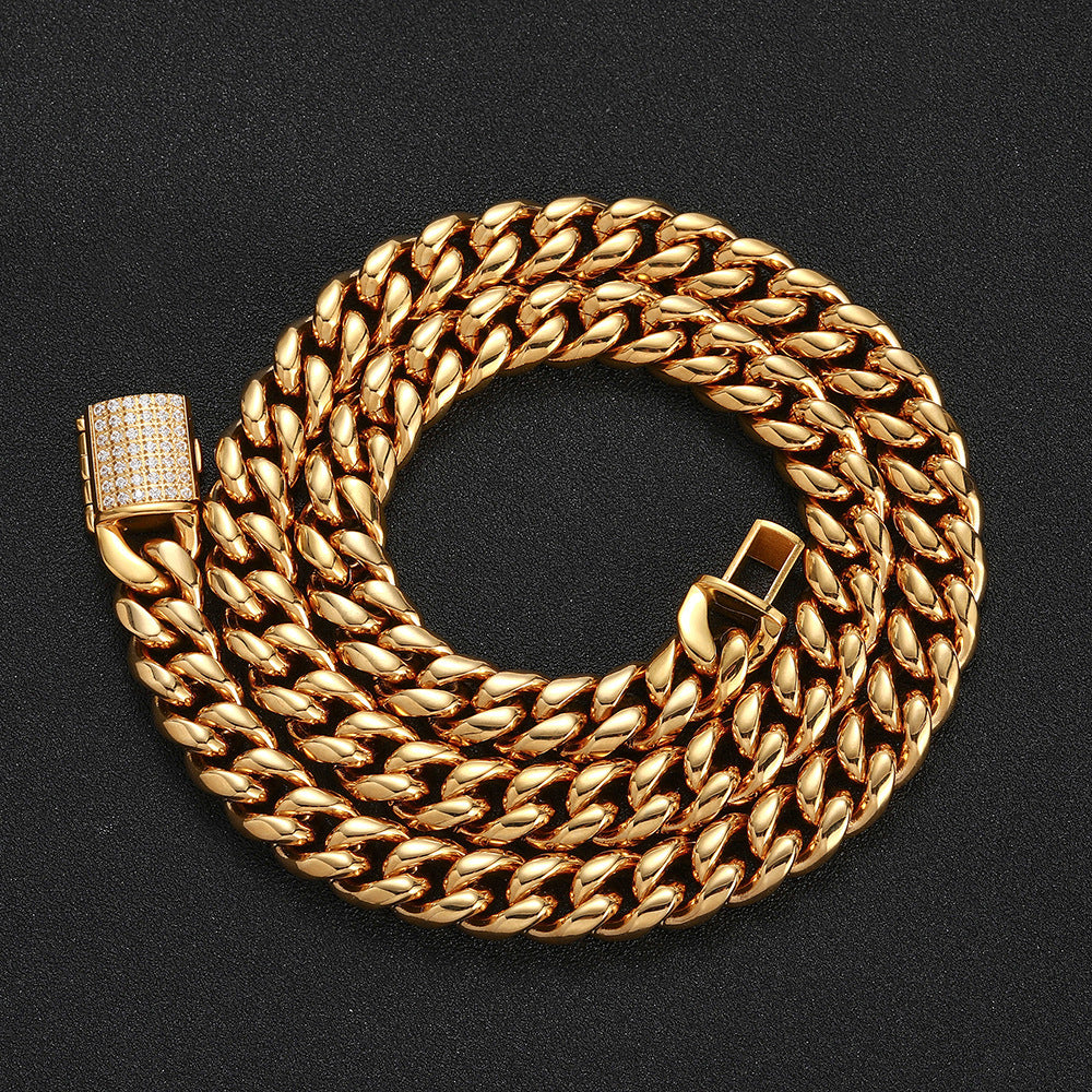 8/10MM 18K Gold Plated Zircon Flip Button Miami Cuban Link Chain Thegoldlinks