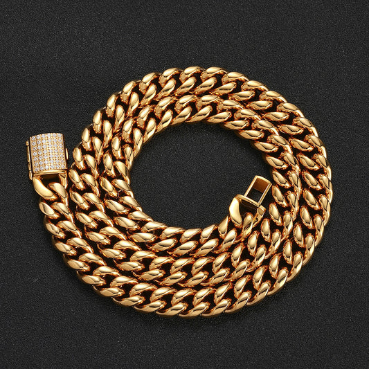 8/10MM 18K Gold Plated Zircon Flip Button Miami Cuban Link Chain