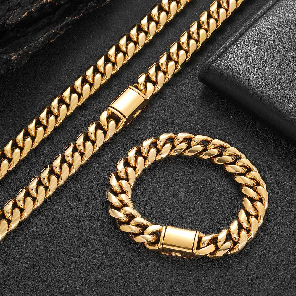 8/10/12/14MM 14K Gold Plated Flip Button Miami Cuban Link Chain