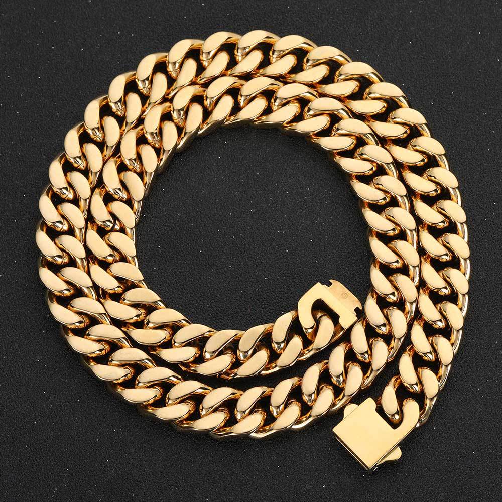 5/7/9/11/13/15MM 18K Gold Plated Glossy Button Miami Cuban Link Chain