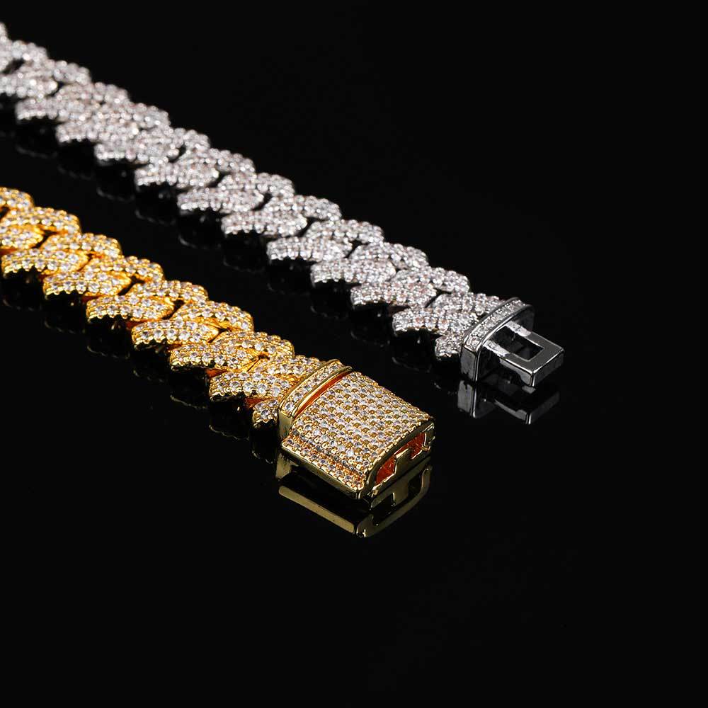 15MM 18K Gold Plated Iced Out Diamond Shaped  Cuban Link Chain