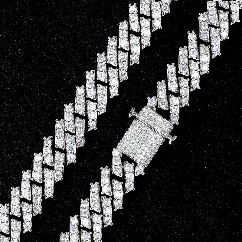 15MM White Gold Plated Iced Out  Simulated  S Link Prong Chain