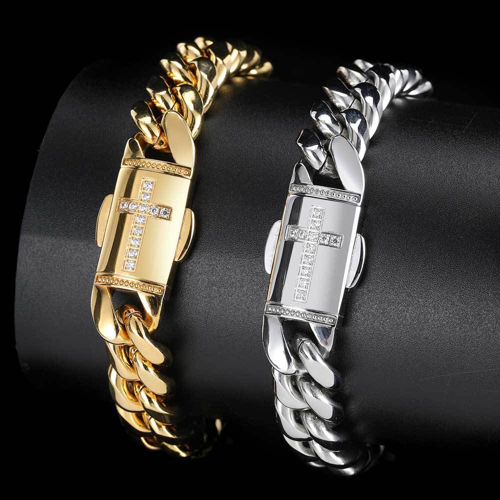 12MM 18K/White Gold Plated Cross Buckle Miami Cuban Link Chain