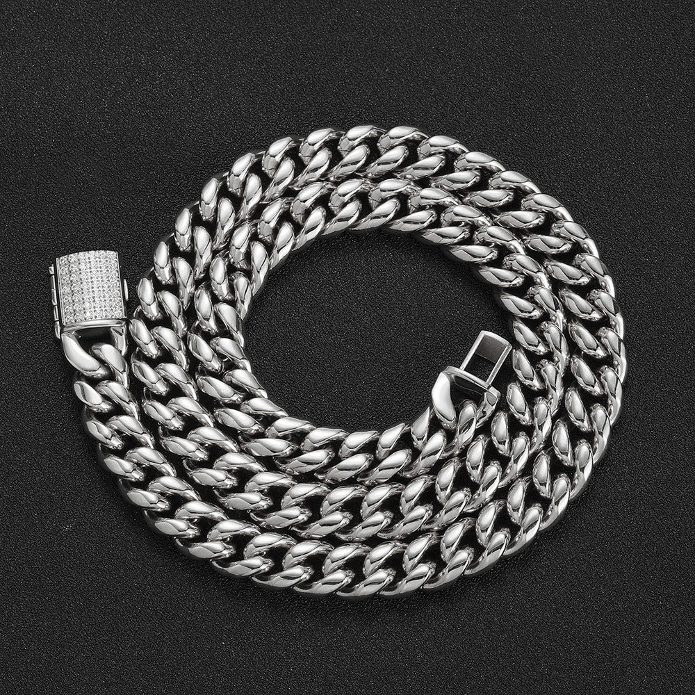 8/10MM White Gold Plated Zircon Flip Button Miami Cuban Link Chain Thegoldlinks