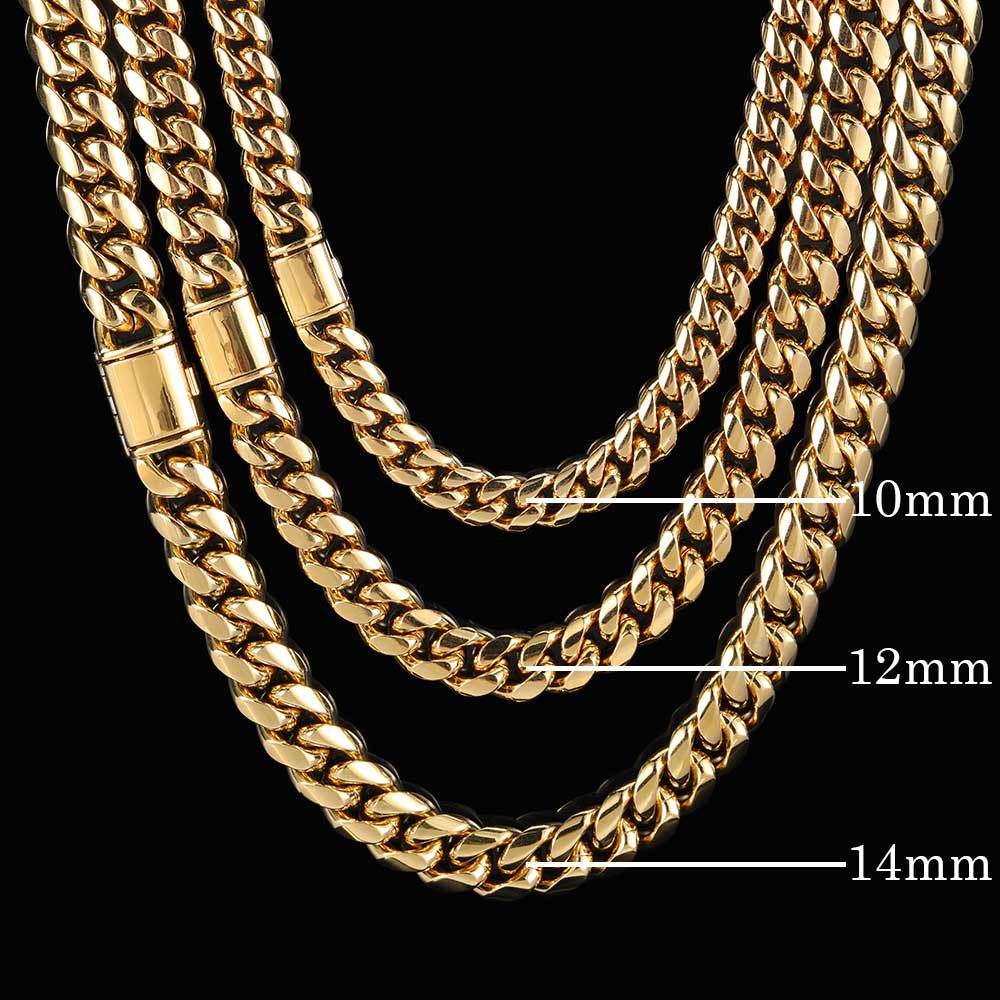 8/10/12/14MM 14K Gold Plated Flip Button Miami Cuban Link Chain