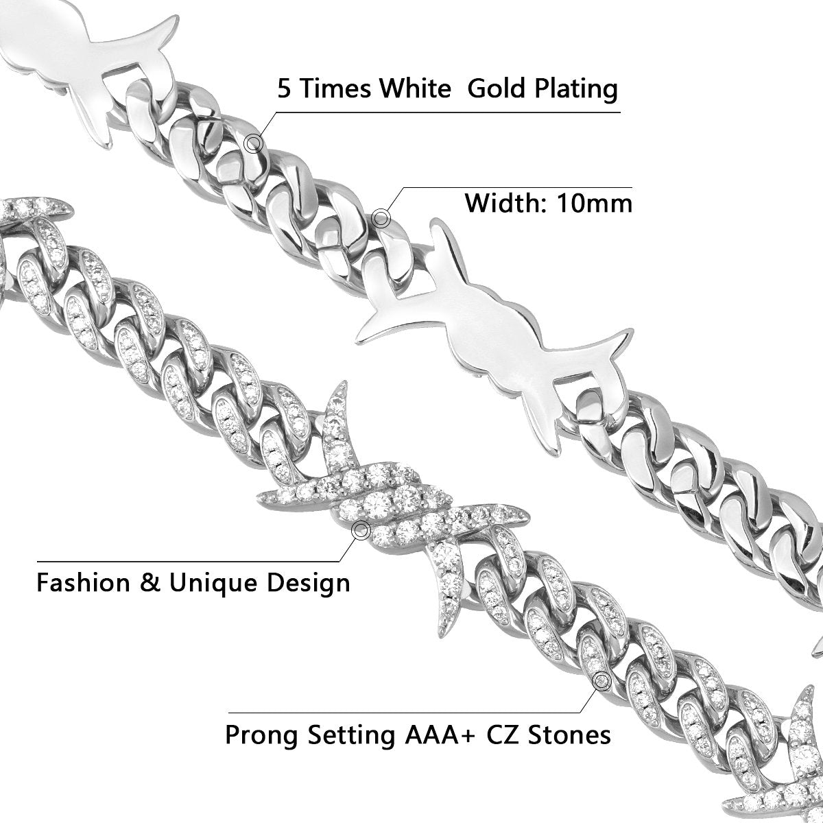 10MM White Gold Iced Out Barb Wire Cuban Link Bracelet Thegoldlinks
