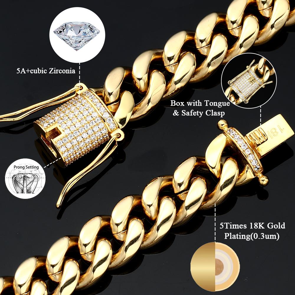 8/10/12/14/16/18MM 18K Gold Plated  Stainless Steel Iced Out Miami Cuban Link Chain