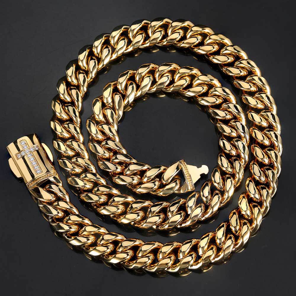 12MM 18K/White Gold Plated Cross Buckle Miami Cuban Link Chain