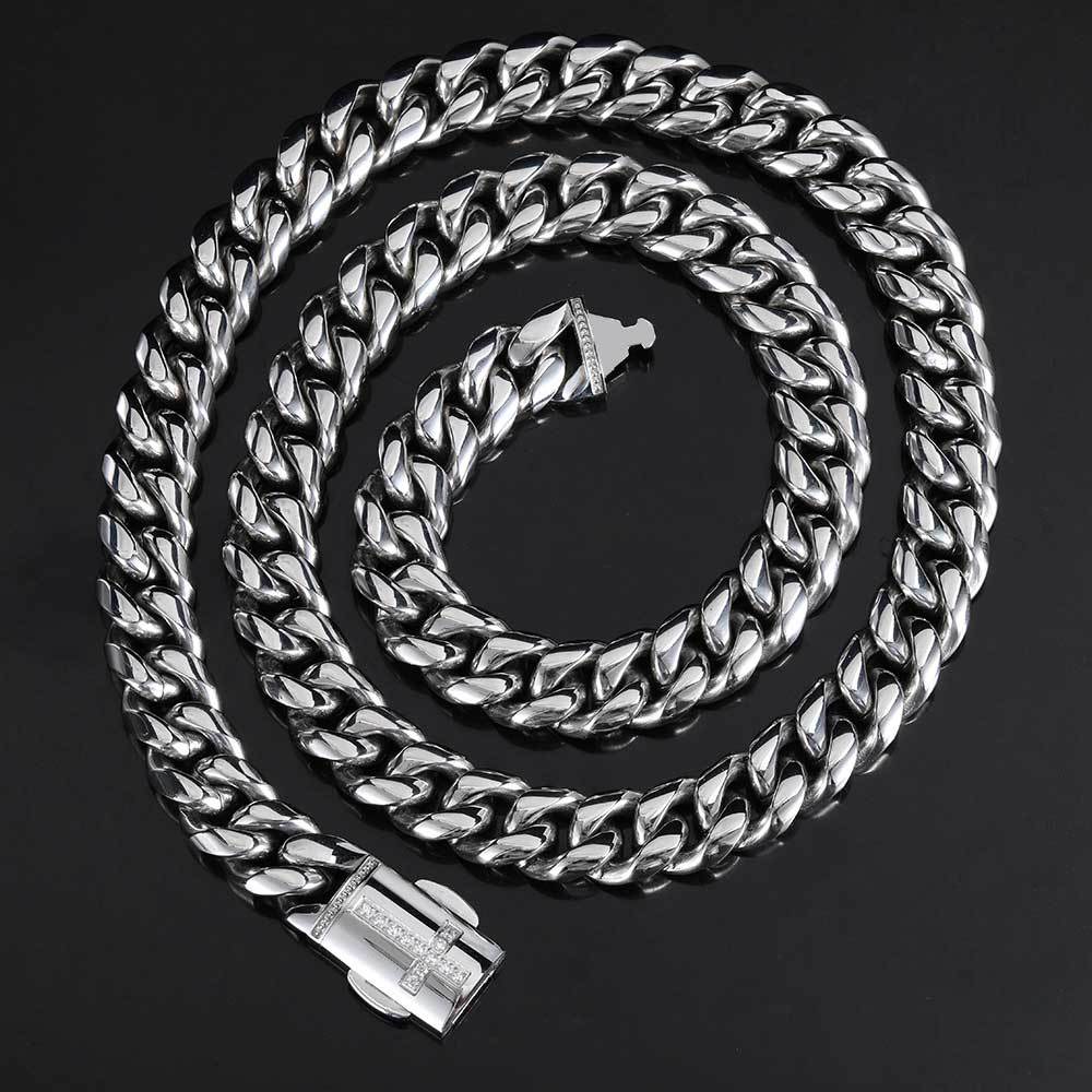 12MM 18K/White Gold Plated Cross Buckle Miami Cuban Link Chain