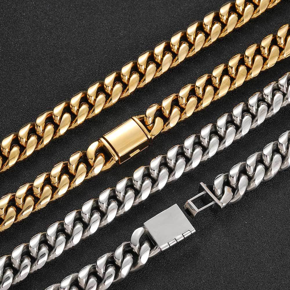 8/10/12/14MM White Gold Plated Flip Button Miami Cuban Link Chain