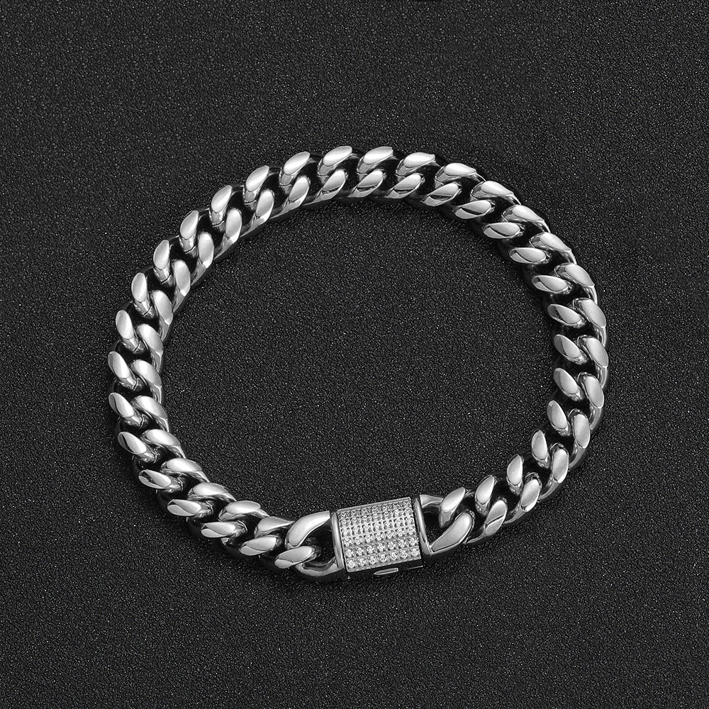 8/10MM White Gold Plated Zircon Flip Button Miami Cuban Link Chain Thegoldlinks