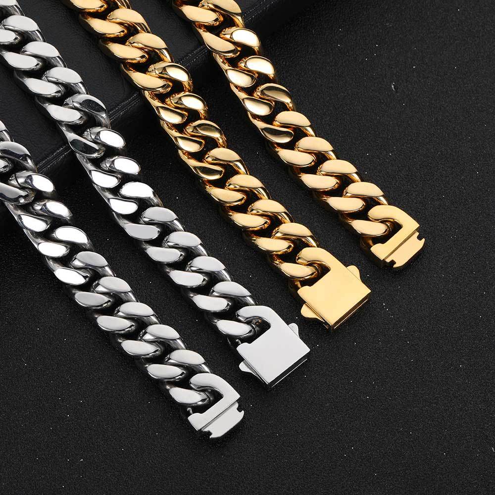 5/7/9/11/13/15MM 18K Gold Plated Glossy Button Miami Cuban Link Chain