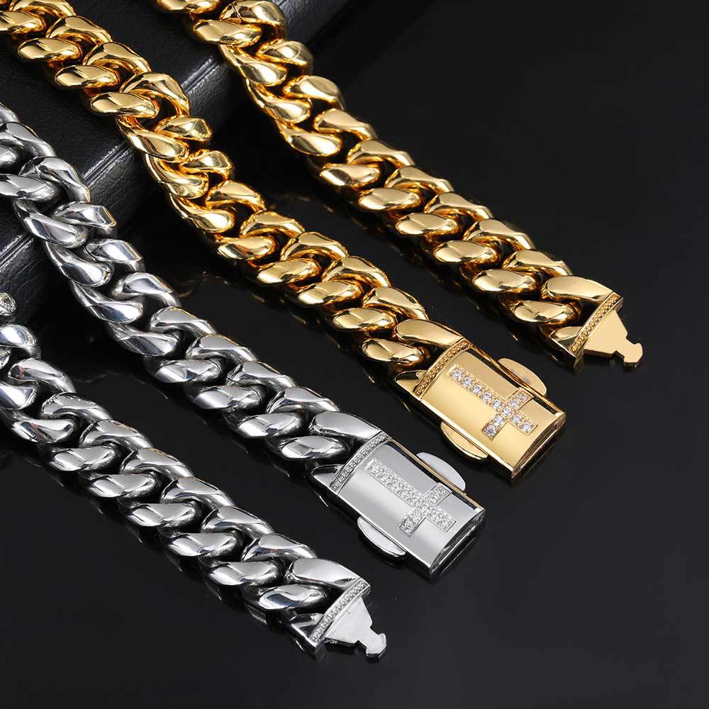 12MM 18K/White Gold Plated Cross Buckle Miami Cuban Link Chain