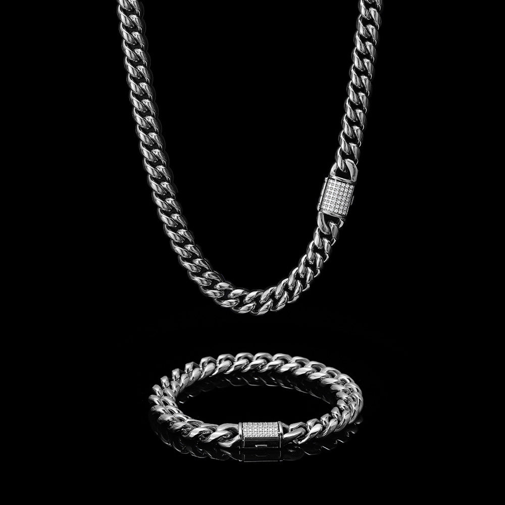 8/10MM White Gold Plated Zircon Flip Button Miami Cuban Link Chain Thegoldlinks