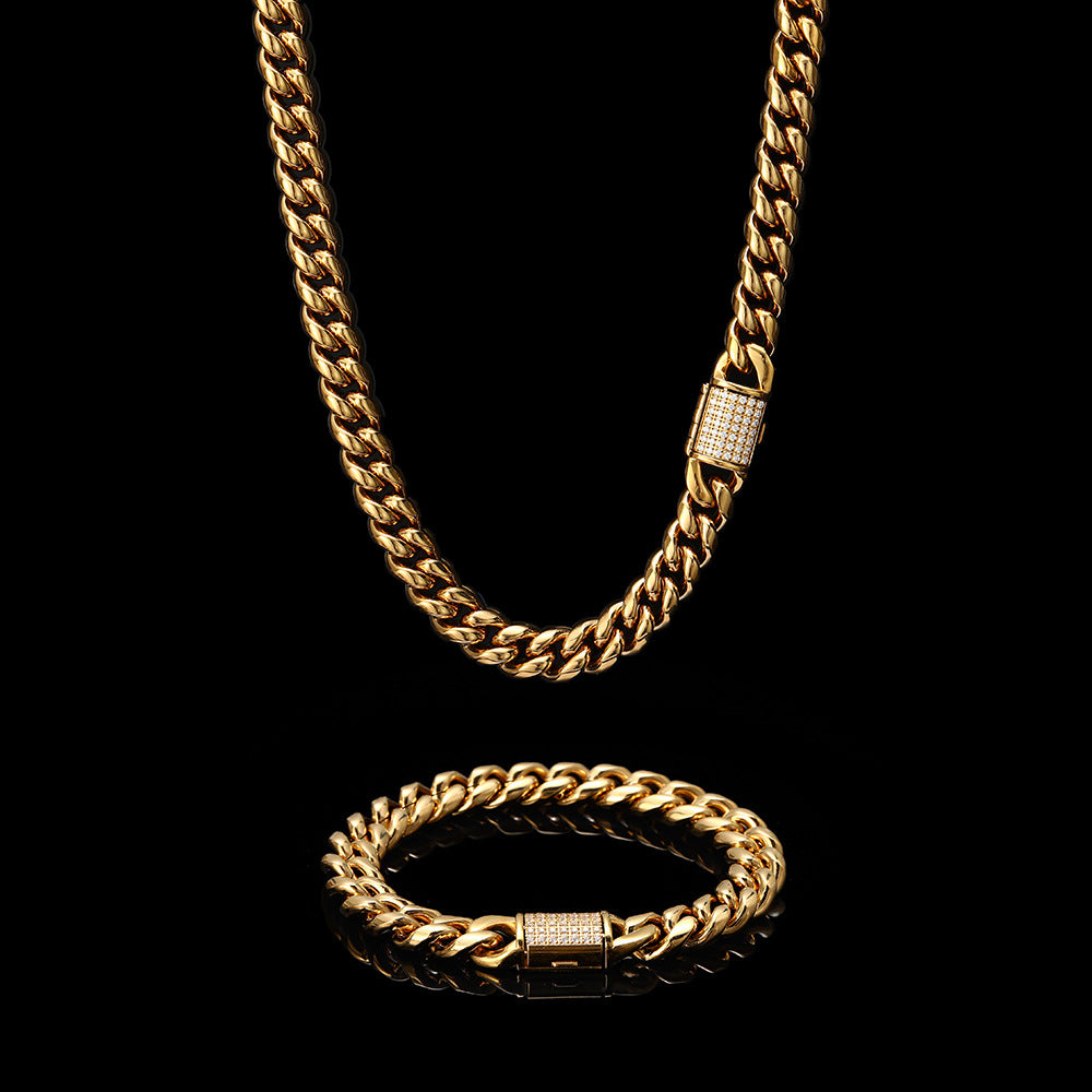 8/10MM 18K Gold Plated Zircon Flip Button Miami Cuban Link Chain