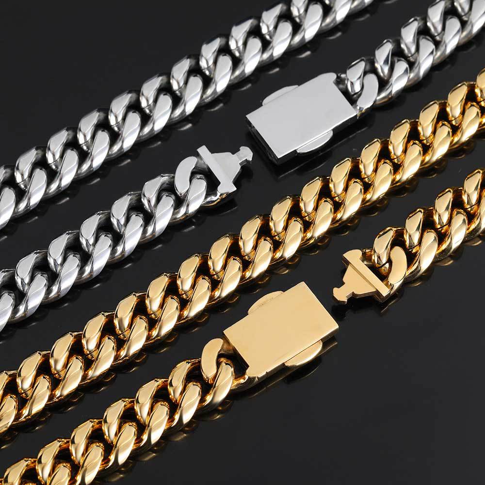 12MM 18K/White Gold Plated Cross Buckle Miami Cuban Link Chain