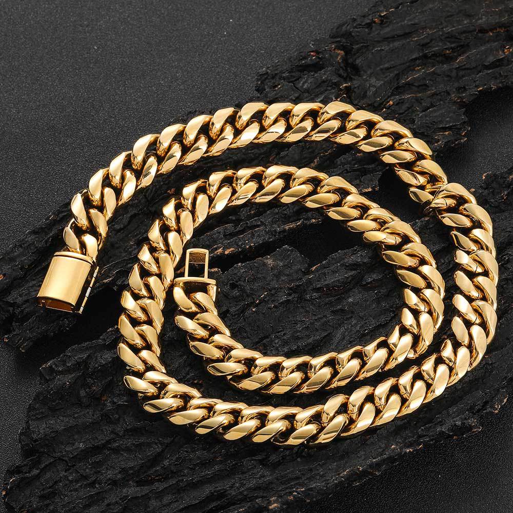 8/10/12/14MM 14K Gold Plated Flip Button Miami Cuban Link Chain