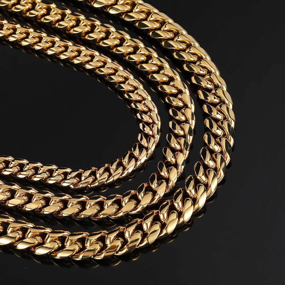 8/10/12/14MM 14K Gold Plated Flip Button Miami Cuban Link Chain