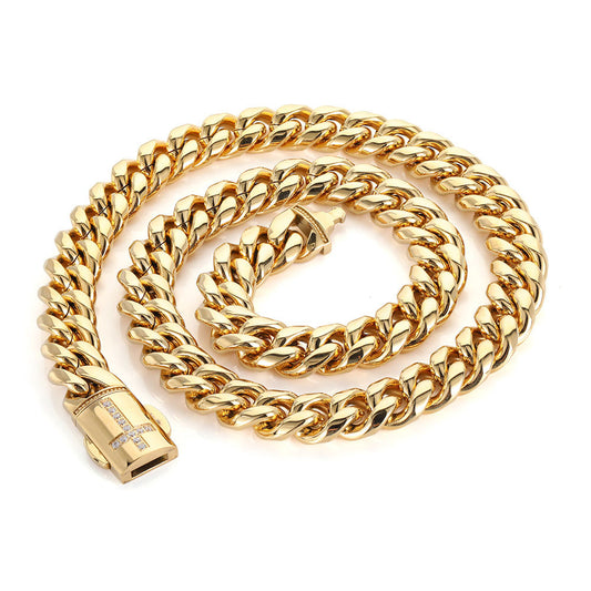 12MM 18K/White Gold Plated Cross Buckle Miami Cuban Link Chain