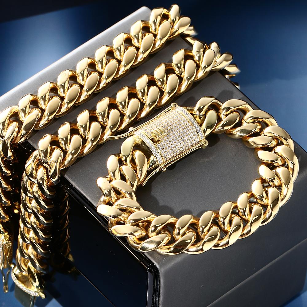 8/10/12/14/16/18MM 18K Gold Plated  Stainless Steel Iced Out Miami Cuban Link Chain