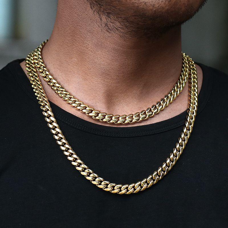 8/10/12/14/16/18MM 14K Gold Plated  Stainless Steel Iced Out Miami Cuban Link Chain
