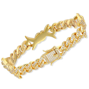 10MM 18K Gold Iced Out Barb Wire Cuban Link Bracelet