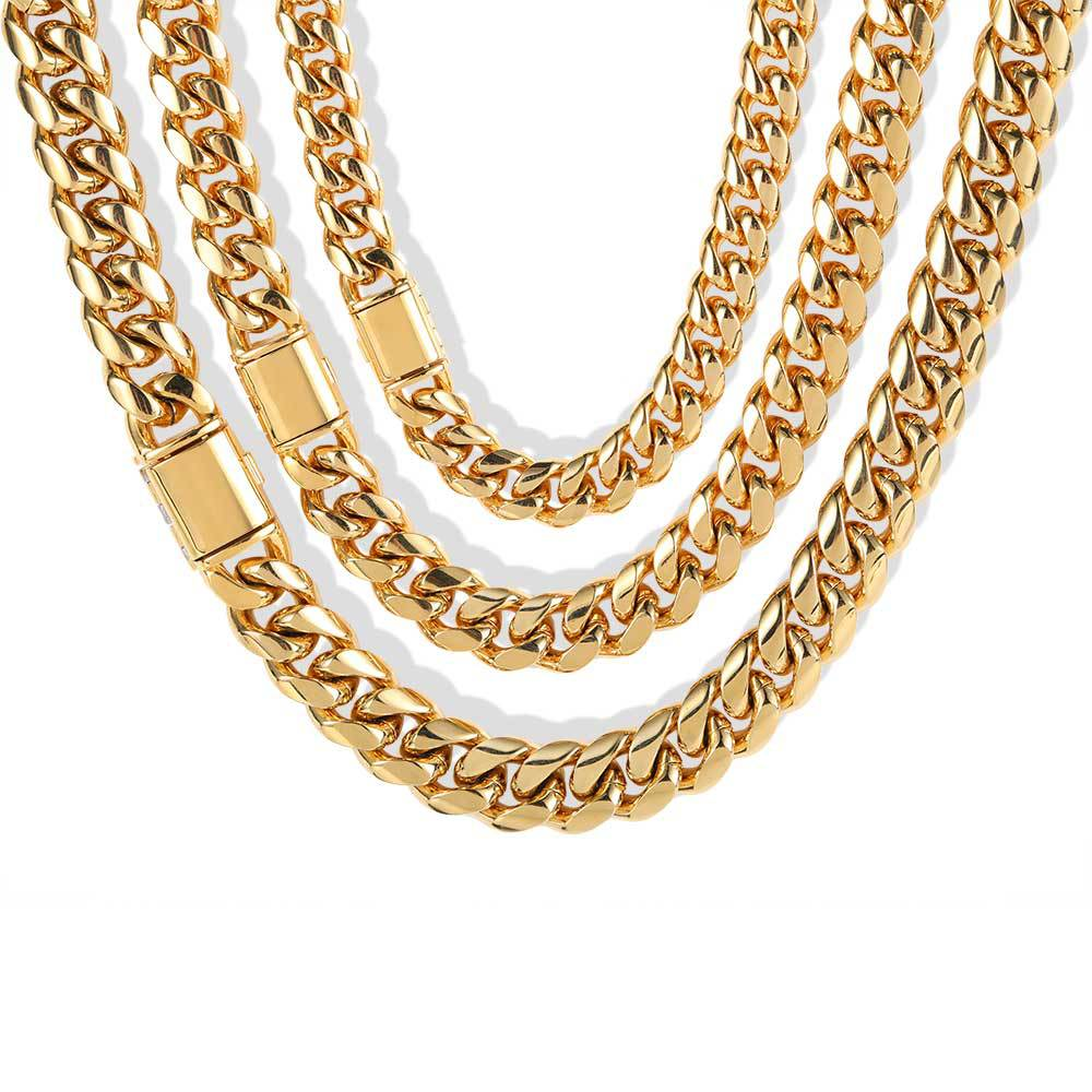 8/10/12/14MM 14K Gold Plated Flip Button Miami Cuban Link Chain