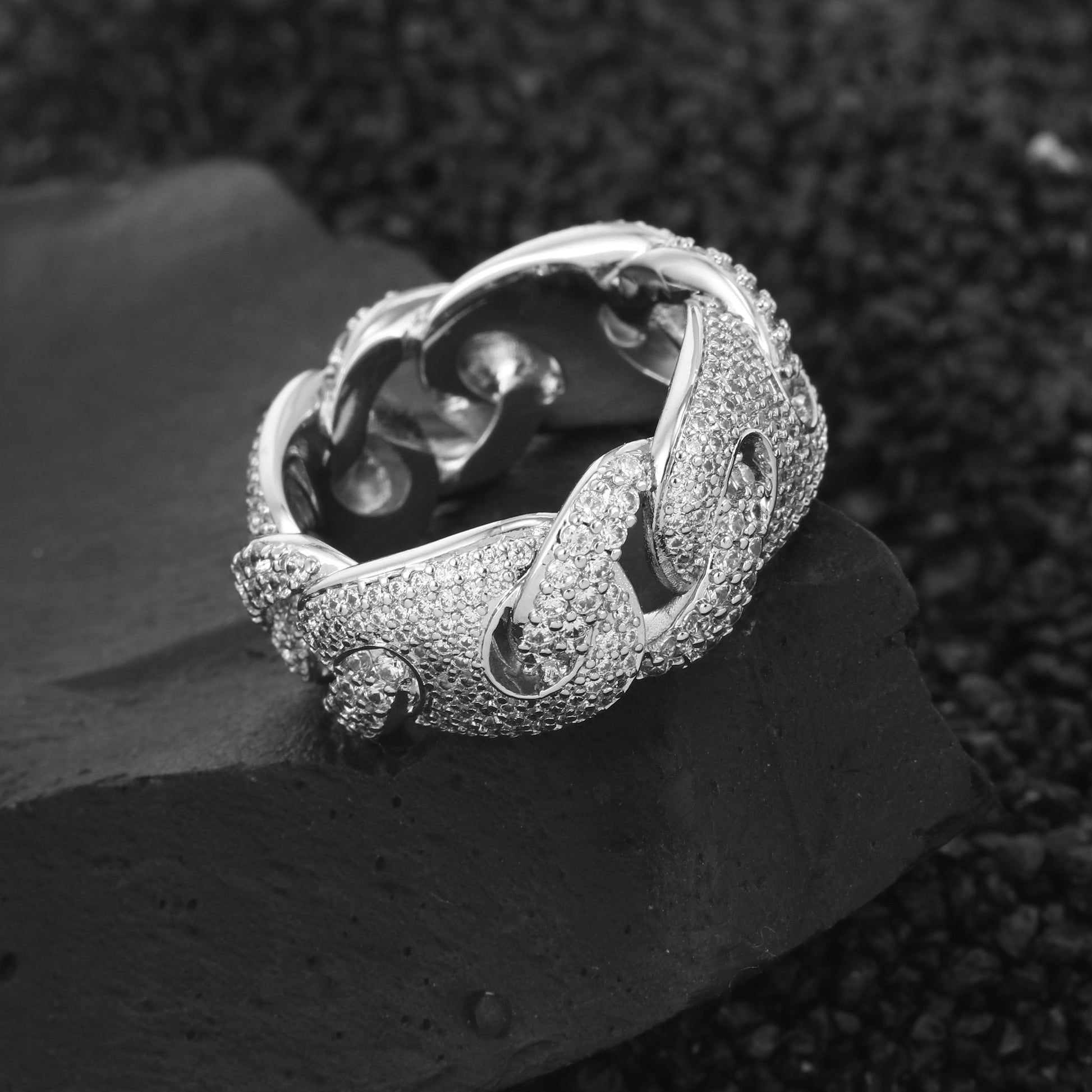 18K/White Gold Iced Out Cuban Link Ring