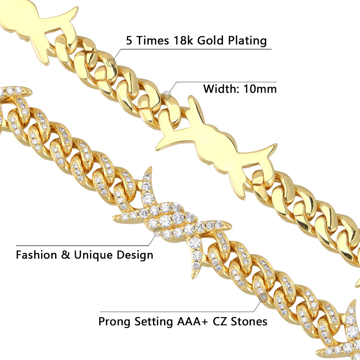 10MM 18K Gold Iced Out Barb Wire Cuban Link Bracelet
