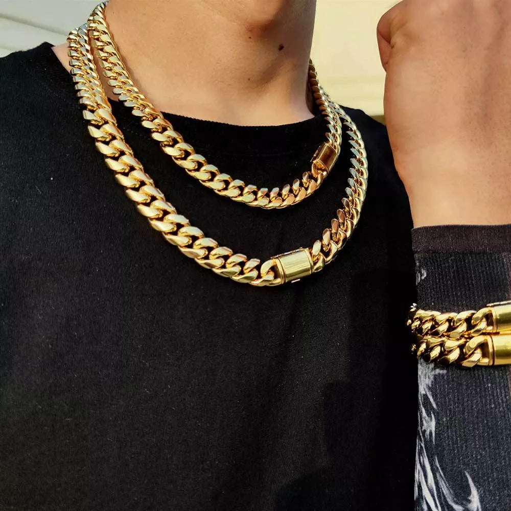 8/10/12/14MM 14K Gold Plated Flip Button Miami Cuban Link Chain